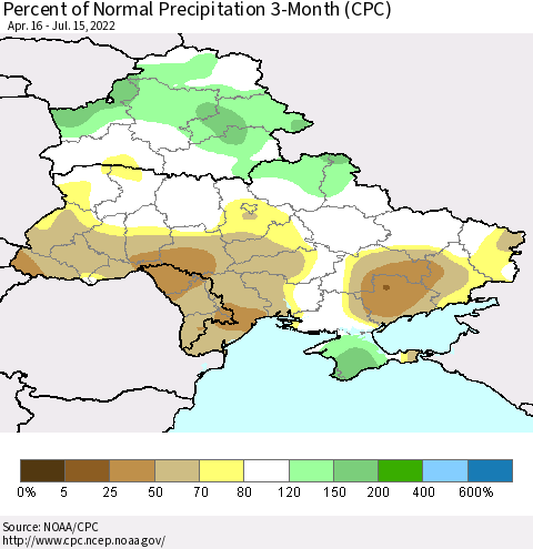 Ukraine, Moldova and Belarus Percent of Normal Precipitation 3-Month (CPC) Thematic Map For 4/16/2022 - 7/15/2022