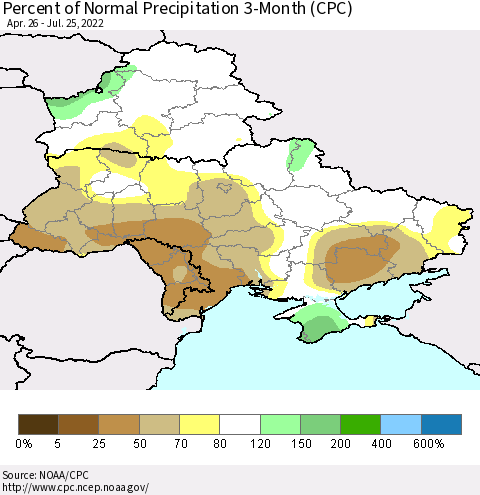 Ukraine, Moldova and Belarus Percent of Normal Precipitation 3-Month (CPC) Thematic Map For 4/26/2022 - 7/25/2022