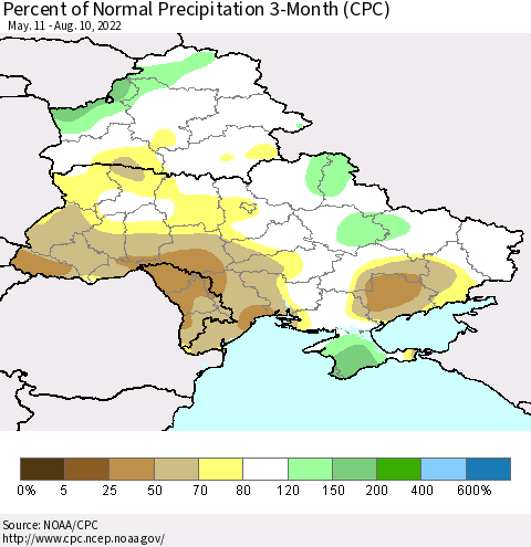 Ukraine, Moldova and Belarus Percent of Normal Precipitation 3-Month (CPC) Thematic Map For 5/11/2022 - 8/10/2022