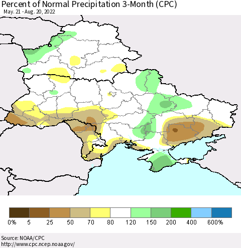 Ukraine, Moldova and Belarus Percent of Normal Precipitation 3-Month (CPC) Thematic Map For 5/21/2022 - 8/20/2022