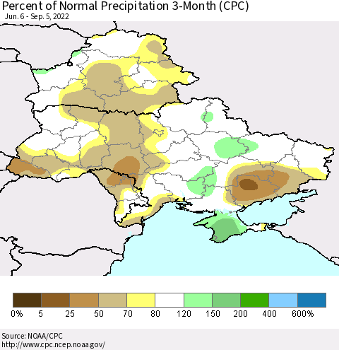 Ukraine, Moldova and Belarus Percent of Normal Precipitation 3-Month (CPC) Thematic Map For 6/6/2022 - 9/5/2022
