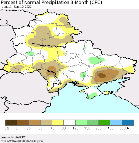 Ukraine, Moldova and Belarus Percent of Normal Precipitation 3-Month (CPC) Thematic Map For 6/11/2022 - 9/10/2022