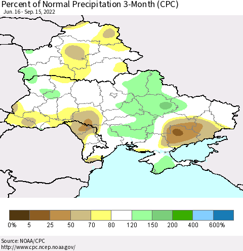 Ukraine, Moldova and Belarus Percent of Normal Precipitation 3-Month (CPC) Thematic Map For 6/16/2022 - 9/15/2022