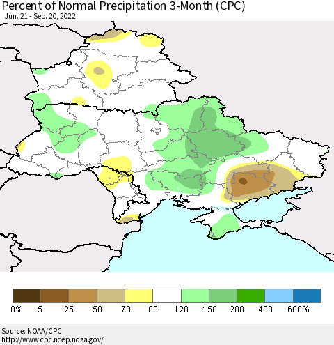 Ukraine, Moldova and Belarus Percent of Normal Precipitation 3-Month (CPC) Thematic Map For 6/21/2022 - 9/20/2022