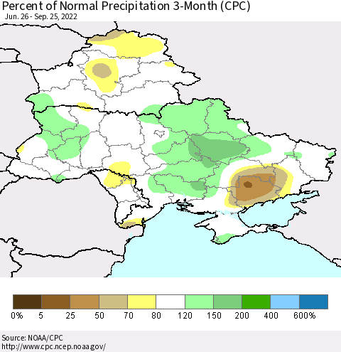 Ukraine, Moldova and Belarus Percent of Normal Precipitation 3-Month (CPC) Thematic Map For 6/26/2022 - 9/25/2022
