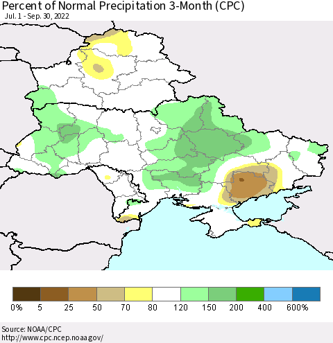 Ukraine, Moldova and Belarus Percent of Normal Precipitation 3-Month (CPC) Thematic Map For 7/1/2022 - 9/30/2022