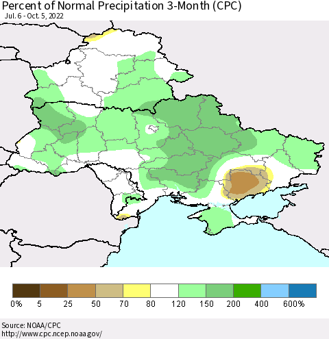 Ukraine, Moldova and Belarus Percent of Normal Precipitation 3-Month (CPC) Thematic Map For 7/6/2022 - 10/5/2022