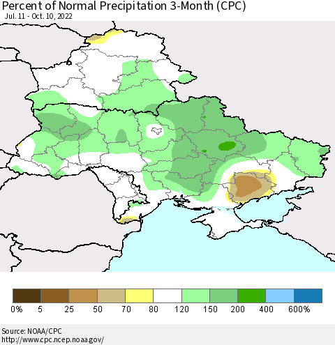 Ukraine, Moldova and Belarus Percent of Normal Precipitation 3-Month (CPC) Thematic Map For 7/11/2022 - 10/10/2022