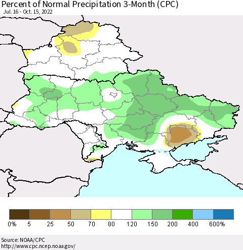 Ukraine, Moldova and Belarus Percent of Normal Precipitation 3-Month (CPC) Thematic Map For 7/16/2022 - 10/15/2022
