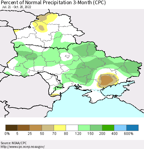 Ukraine, Moldova and Belarus Percent of Normal Precipitation 3-Month (CPC) Thematic Map For 7/21/2022 - 10/20/2022