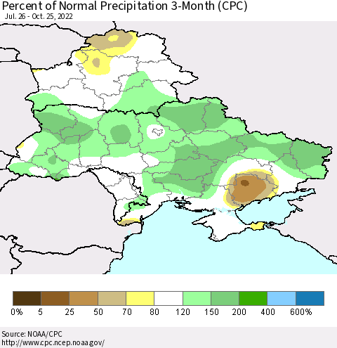 Ukraine, Moldova and Belarus Percent of Normal Precipitation 3-Month (CPC) Thematic Map For 7/26/2022 - 10/25/2022