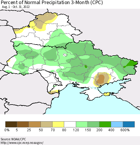 Ukraine, Moldova and Belarus Percent of Normal Precipitation 3-Month (CPC) Thematic Map For 8/1/2022 - 10/31/2022