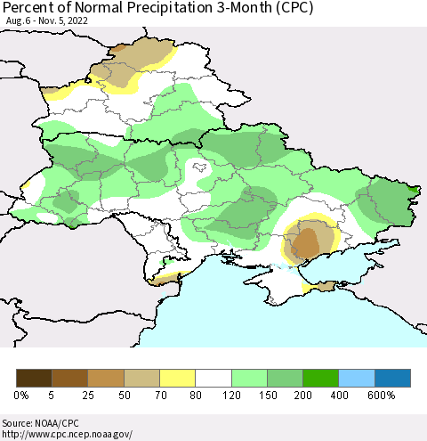 Ukraine, Moldova and Belarus Percent of Normal Precipitation 3-Month (CPC) Thematic Map For 8/6/2022 - 11/5/2022
