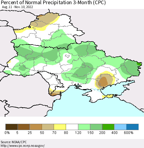 Ukraine, Moldova and Belarus Percent of Normal Precipitation 3-Month (CPC) Thematic Map For 8/11/2022 - 11/10/2022
