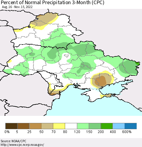 Ukraine, Moldova and Belarus Percent of Normal Precipitation 3-Month (CPC) Thematic Map For 8/16/2022 - 11/15/2022