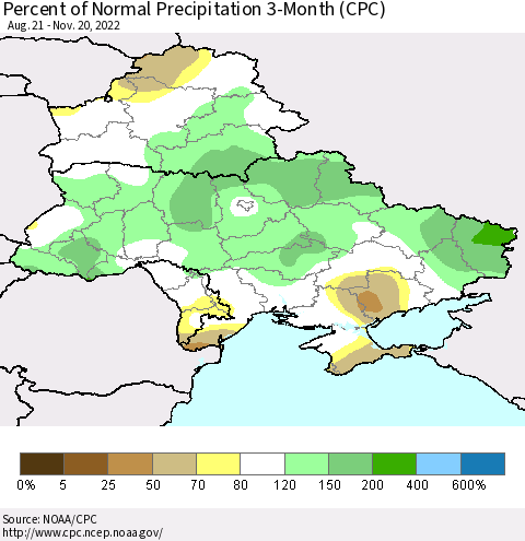 Ukraine, Moldova and Belarus Percent of Normal Precipitation 3-Month (CPC) Thematic Map For 8/21/2022 - 11/20/2022