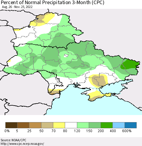 Ukraine, Moldova and Belarus Percent of Normal Precipitation 3-Month (CPC) Thematic Map For 8/26/2022 - 11/25/2022