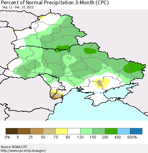 Ukraine, Moldova and Belarus Percent of Normal Precipitation 3-Month (CPC) Thematic Map For 9/11/2022 - 12/10/2022
