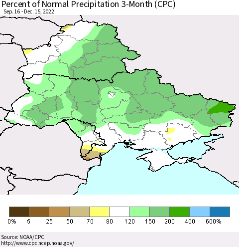 Ukraine, Moldova and Belarus Percent of Normal Precipitation 3-Month (CPC) Thematic Map For 9/16/2022 - 12/15/2022