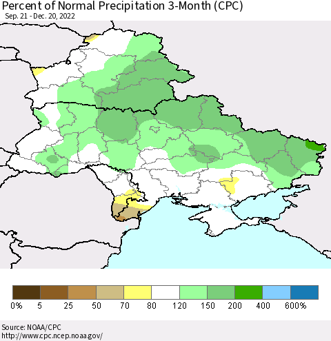 Ukraine, Moldova and Belarus Percent of Normal Precipitation 3-Month (CPC) Thematic Map For 9/21/2022 - 12/20/2022
