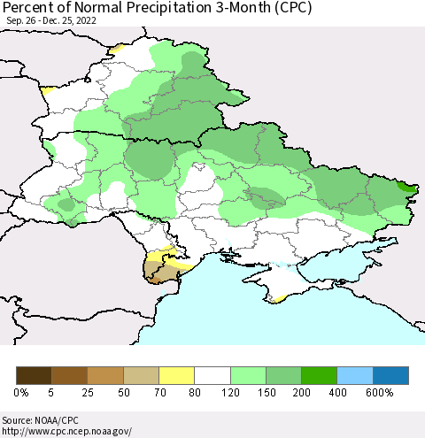 Ukraine, Moldova and Belarus Percent of Normal Precipitation 3-Month (CPC) Thematic Map For 9/26/2022 - 12/25/2022