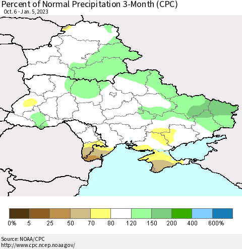 Ukraine, Moldova and Belarus Percent of Normal Precipitation 3-Month (CPC) Thematic Map For 10/6/2022 - 1/5/2023