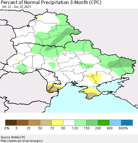 Ukraine, Moldova and Belarus Percent of Normal Precipitation 3-Month (CPC) Thematic Map For 10/11/2022 - 1/10/2023