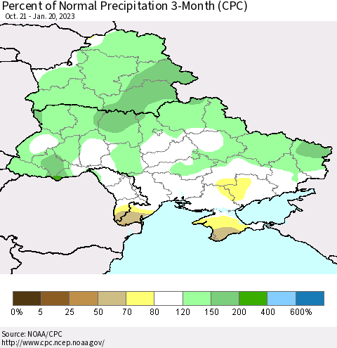 Ukraine, Moldova and Belarus Percent of Normal Precipitation 3-Month (CPC) Thematic Map For 10/21/2022 - 1/20/2023