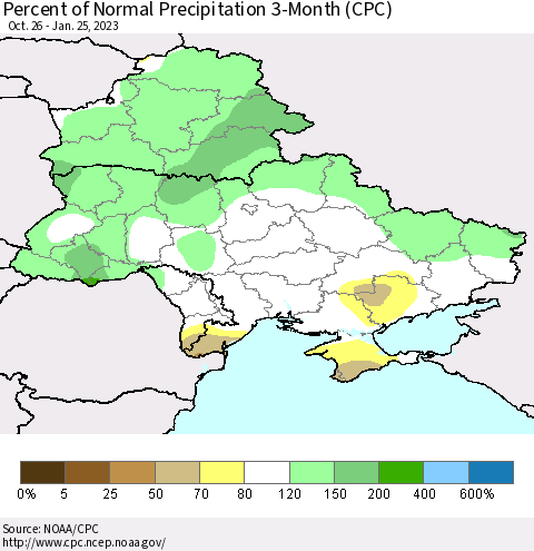 Ukraine, Moldova and Belarus Percent of Normal Precipitation 3-Month (CPC) Thematic Map For 10/26/2022 - 1/25/2023