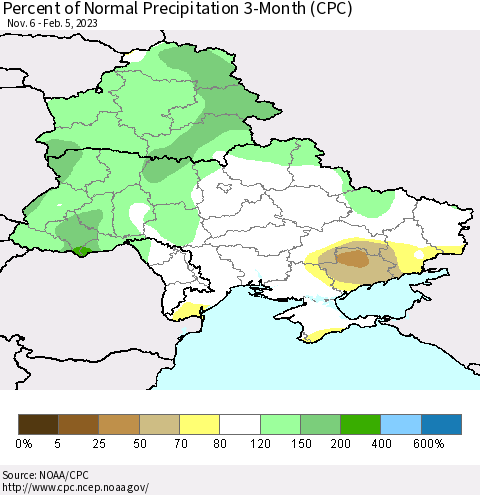 Ukraine, Moldova and Belarus Percent of Normal Precipitation 3-Month (CPC) Thematic Map For 11/6/2022 - 2/5/2023
