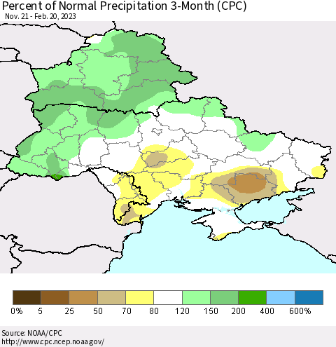 Ukraine, Moldova and Belarus Percent of Normal Precipitation 3-Month (CPC) Thematic Map For 11/21/2022 - 2/20/2023