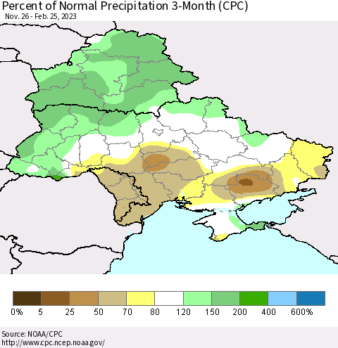 Ukraine, Moldova and Belarus Percent of Normal Precipitation 3-Month (CPC) Thematic Map For 11/26/2022 - 2/25/2023
