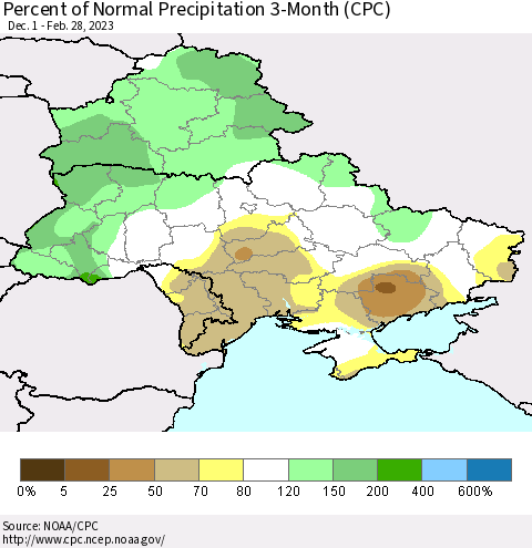 Ukraine, Moldova and Belarus Percent of Normal Precipitation 3-Month (CPC) Thematic Map For 12/1/2022 - 2/28/2023