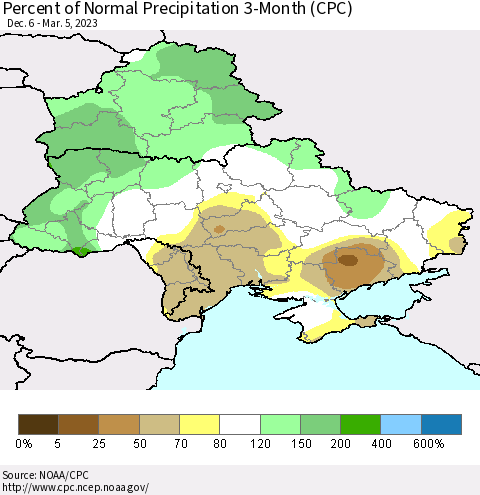 Ukraine, Moldova and Belarus Percent of Normal Precipitation 3-Month (CPC) Thematic Map For 12/6/2022 - 3/5/2023