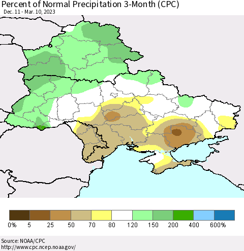 Ukraine, Moldova and Belarus Percent of Normal Precipitation 3-Month (CPC) Thematic Map For 12/11/2022 - 3/10/2023