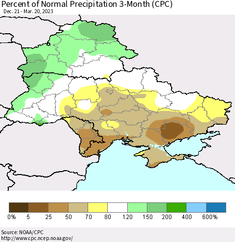 Ukraine, Moldova and Belarus Percent of Normal Precipitation 3-Month (CPC) Thematic Map For 12/21/2022 - 3/20/2023