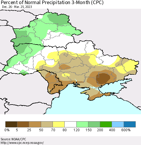 Ukraine, Moldova and Belarus Percent of Normal Precipitation 3-Month (CPC) Thematic Map For 12/26/2022 - 3/25/2023