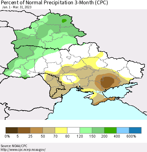 Ukraine, Moldova and Belarus Percent of Normal Precipitation 3-Month (CPC) Thematic Map For 1/1/2023 - 3/31/2023