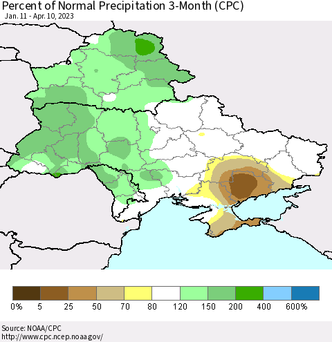 Ukraine, Moldova and Belarus Percent of Normal Precipitation 3-Month (CPC) Thematic Map For 1/11/2023 - 4/10/2023