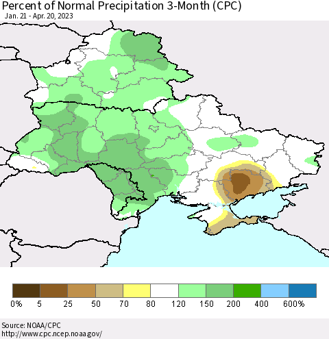 Ukraine, Moldova and Belarus Percent of Normal Precipitation 3-Month (CPC) Thematic Map For 1/21/2023 - 4/20/2023