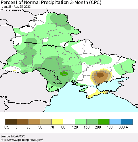 Ukraine, Moldova and Belarus Percent of Normal Precipitation 3-Month (CPC) Thematic Map For 1/26/2023 - 4/25/2023