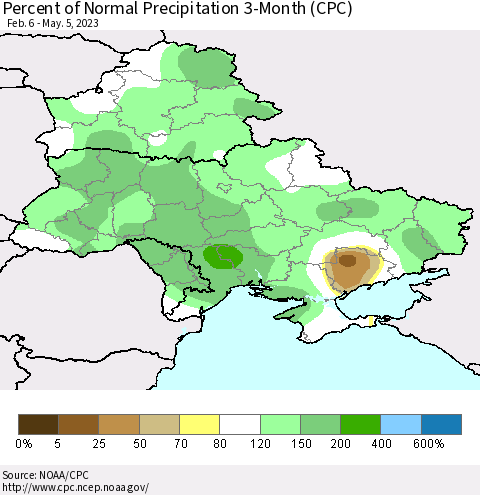 Ukraine, Moldova and Belarus Percent of Normal Precipitation 3-Month (CPC) Thematic Map For 2/6/2023 - 5/5/2023