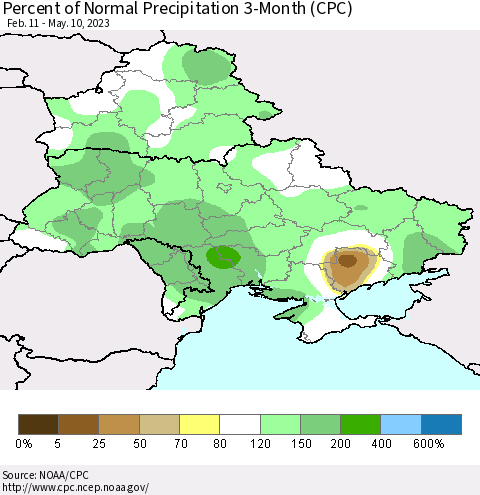 Ukraine, Moldova and Belarus Percent of Normal Precipitation 3-Month (CPC) Thematic Map For 2/11/2023 - 5/10/2023