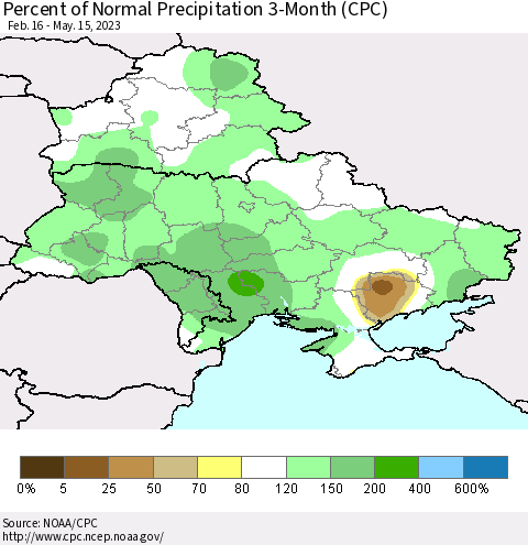 Ukraine, Moldova and Belarus Percent of Normal Precipitation 3-Month (CPC) Thematic Map For 2/16/2023 - 5/15/2023
