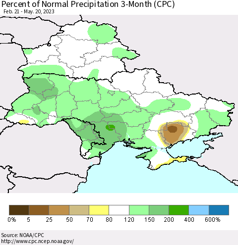 Ukraine, Moldova and Belarus Percent of Normal Precipitation 3-Month (CPC) Thematic Map For 2/21/2023 - 5/20/2023