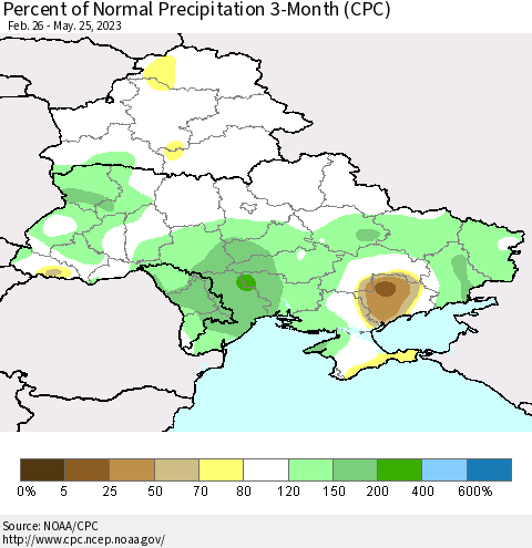 Ukraine, Moldova and Belarus Percent of Normal Precipitation 3-Month (CPC) Thematic Map For 2/26/2023 - 5/25/2023