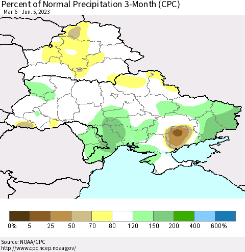 Ukraine, Moldova and Belarus Percent of Normal Precipitation 3-Month (CPC) Thematic Map For 3/6/2023 - 6/5/2023