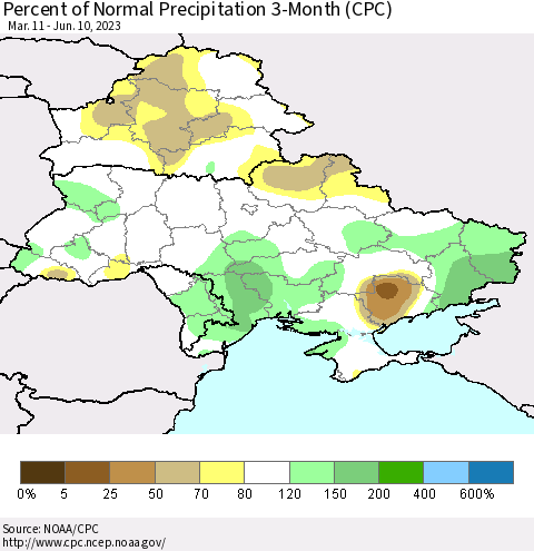 Ukraine, Moldova and Belarus Percent of Normal Precipitation 3-Month (CPC) Thematic Map For 3/11/2023 - 6/10/2023