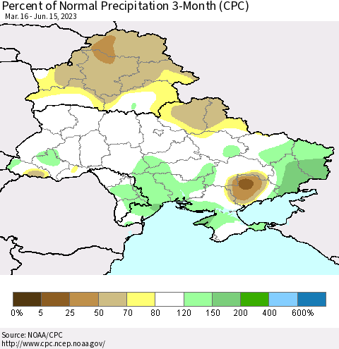 Ukraine, Moldova and Belarus Percent of Normal Precipitation 3-Month (CPC) Thematic Map For 3/16/2023 - 6/15/2023