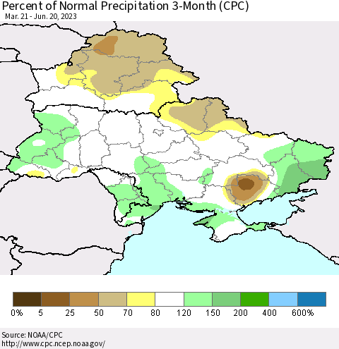Ukraine, Moldova and Belarus Percent of Normal Precipitation 3-Month (CPC) Thematic Map For 3/21/2023 - 6/20/2023